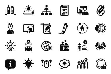 Güvenli zaman, grafik çizelgesi ve ampul simgeleriyle ilgili Bilim simgelerinin vektör kümesi. Yönetim, hastane hemşiresi ve imza tabelaları. Yeşil elektrik, kimyasal deney şişesi ve dokunmatik ekran. Vektör