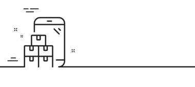 Mobil envanter çizgisi simgesi. Toptan uygulama tabelası. Depo kutuları sembolü. Asgari çizgi çizimi arka planı. Mobil envanter çizgisi simge desenli pankart. Beyaz ağ şablonu konsepti. Vektör