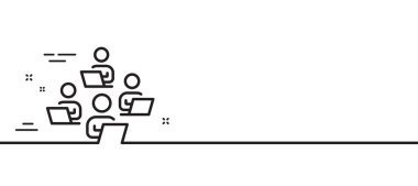 Takım çalışması simgesi. Uzaktan ofis işareti. Takım çalışanları sembolü. Asgari çizgi çizimi arka planı. Takım çalışması ikon desenli pankart. Beyaz ağ şablonu konsepti. Vektör