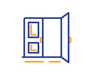 Kapı çizgisi simgesini aç. Giriş kapısı işareti. Çıkış sembolü oluşturuluyor. Renkli ince çizgi ana hatları. Doğrusal stil açık kapı simgesi. Düzenlenebilir felç. Vektör