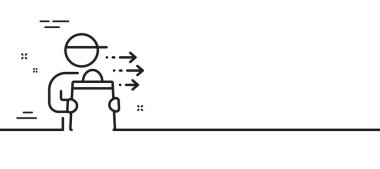 Yemek dağıtım hattı ikonu. Emir işareti olan bir kurye. Yemek servisi sembolü. Asgari çizgi çizimi arka planı. Yemek dağıtım hattı ikon desenli pankart. Beyaz ağ şablonu konsepti. Vektör