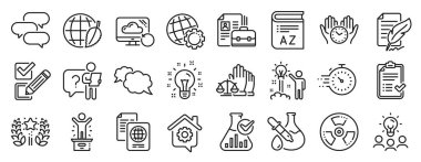 Tüylü imza, iş fikri, çevre günü simgeleri gibi eğitim simgeleri. Pasaport belgesi, kimyasal tehlike, iş yeri tabelaları. Fikir, Sözlük, Küre. Güvenli zaman, Checkbox. Vektör