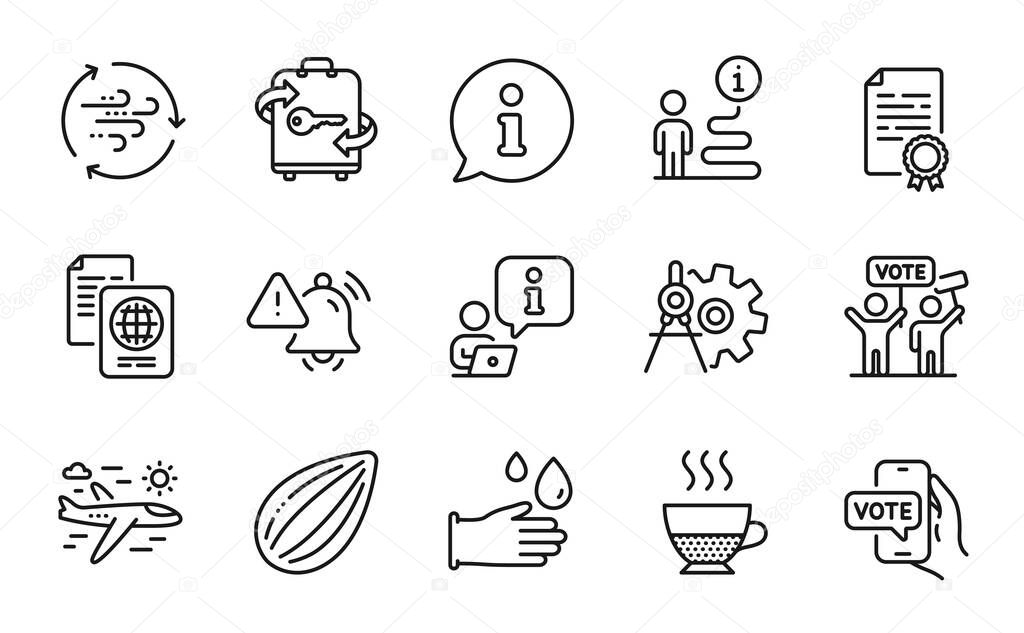 Line icons set. Included icon as Certificate diploma, Luggage, Online voting signs. Almond nut, Airplane travel, Wind energy symbols. Attention bell, Doppio, Voting campaign. Rubber gloves. Vector