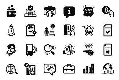 Vector Set of Technology icons related to Search, Video conference and Contactless payment icons. Businessman case, Analysis graph and Checked file signs. Spanner, Bitcoin pay and Portfolio. Vector