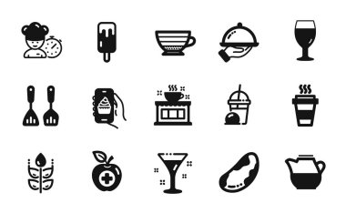 Vector set of Food app, Chef and Ice cream milkshake icons simple set. Milk jug, Restaurant food and Gluten free icons. Cappuccino, Coffee shop and Beer glass signs. Food app simple web symbol. Vector