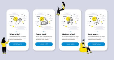 Set of Medical icons, such as Cream, Dont touch, Vaccination icons. UI phone app screens with people. Face biometrics line symbols. Best lotion, Clean hand, Medical vaccine. Facial recognition. Vector