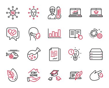 Vector Set of Science icons related to Time management, Medical helicopter and Servers icons. Face biometrics, Online statistics and Gears signs. Time management web symbol. Vector