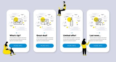 Vector Set of line icons related to Brandy bottle, Dj controller and Read instruction icons. UI phone app screens with people. Credit card line symbols. Whiskey, Musical device, Opened book. Vector