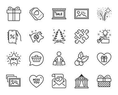 Vector set of Christmas tree, Sale and Love letter line icons set. New star, Discounts app and Love ticket icons. Fireworks, Miss you and Christmas holly signs. Christmas tree web symbol. Vector