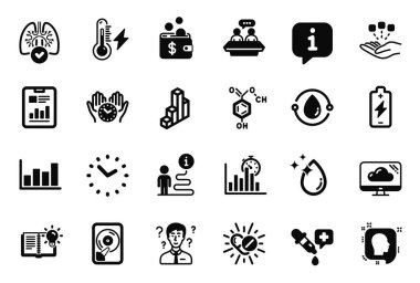 Vector Set of Science icons related to Medical drugs, Cold-pressed oil and Cloud storage icons. Consolidation, Report diagram and Electricity power signs. Info bubble, journey path. Vector
