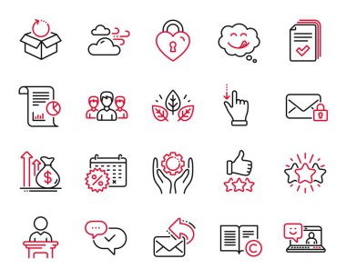 Vector Set of Business icons related to Secure mail, Approved and Rating stars icons. Return package, Election candidate and Organic tested signs. Handout, Group and Star. Windy weather. Vector