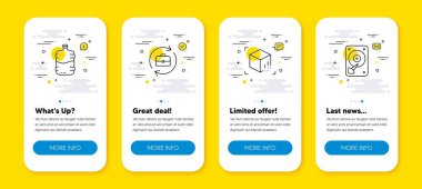 Vector set of Human resources, Augmented reality and Cooler bottle line icons set. UI phone app screens with line icons. Hdd icon. Job recruitment, Virtual reality, Water drink. Hard disk. Vector