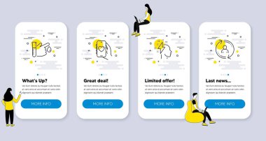 Set of People icons, such as Dating app, Brainstorming, Blood donation icons. UI phone app screens with people. User info line symbols. Smartphone love, Lightning bolt, Medicine analyze. Vector