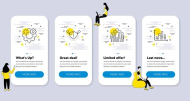 Set of Science icons, such as Medical mask, Cogwheel, Group icons. UI phone app screens with people. Diagram graph line symbols. Respirator, Engineering tool, Managers. Presentation chart. Vector