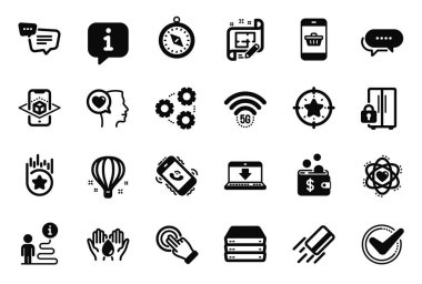 Metin mesajı, 5g wifi ve Mimarlık planı simgeleriyle ilgili Vektör Teknoloji Kümesi simgeleri. Artırılmış gerçeklik, Atom ve Kredi kartı tabelaları. Sunucular, dokunmatik ekran jesti ve güvenli su. Dişliler. Vektör