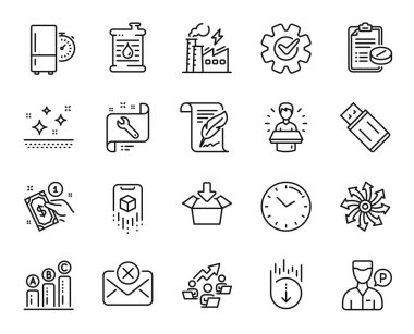 Vector set of Feather, Augmented reality and Medical prescription line icons set. Clean skin, Electricity factory and Graph chart icons. Spanner, Usb flash and Valet servant signs. Vector