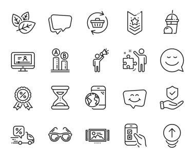 Vector set of Mobile internet, Speech bubble and Discount medal line icons set. Ab testing, Strategy and Delivery discount icons. Organic tested, Sunglasses and Swipe up signs. Vector