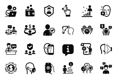 Vector Set of People icons related to Face biometrics, Reception desk and Court judge icons. Touchscreen gesture, Meeting and Electronic thermometer signs. Security agency, Like and Face id. Vector