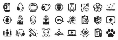 Set of Healthcare icons, such as Eye checklist, Uv protection, Face biometrics icons. Clean skin, Electronic thermometer, Medical syringe signs. Medical chat, Cold-pressed oil, Skin care. Vector