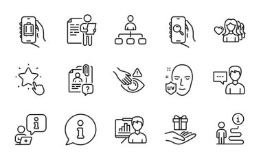 People icons set. Included icon as Search employee, Presentation board, Woman love signs. Baggage app, Job interview, Ranking star symbols. Dont touch, Person talk, Search app. Management. Vector