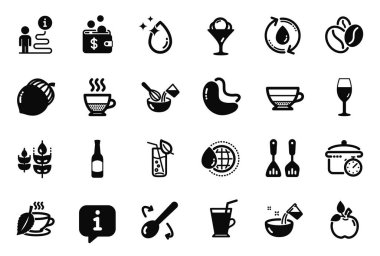 Vector Set of Food and drink icons related to Cooking cutlery, Cashew nut and Gluten free icons. Doppio, Coffee cup and Boiling pan signs. Cooking spoon, Refill water and Ice cream. Beer. Vector