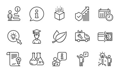 Line icons set. Included icon as Calendar, Energy, Creative idea signs. Agent, Reject certificate, Car service symbols. Student, Security statistics, Payment methods. Mint leaves. Vector