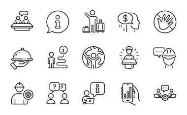 People icons set. Included icon as Employees talk, Airport transfer, Pay signs. Restaurant food, Analysis app, Foreman symbols. Teamwork questions, Brand ambassador, Do not touch. Teamwork. Vector