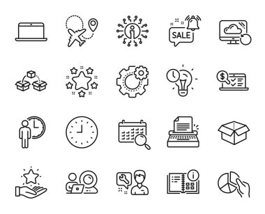 Vector set of Info, Clock and Repairman line icons set. Promotion bell, Open box and Laptop icons. Typewriter, Time management and Loyalty program signs. Info web symbol. Vector