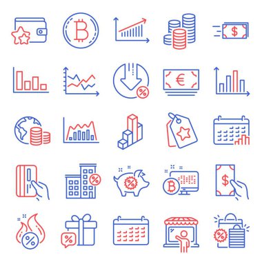Finance icons set. Included icon as Coins, Bitcoin, Hot loan signs. Loyalty tags, Loan percent, Infographic graph symbols. Piggy sale, Calendar, Shopping bags. Histogram, Diagram graph. Vector