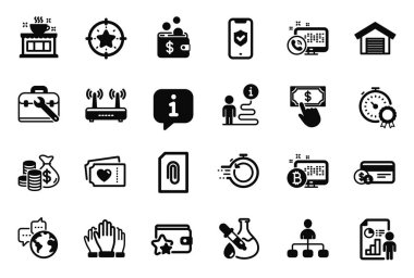 Vector Set of Business icons related to Phone protection, World communication and Loyalty program icons. Attachment, Fast recovery and Chemistry experiment signs. Parking garage, Web call. Vector