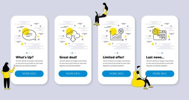 Set of Education icons, such as Chat, Cloud download, 5g statistics icons. UI phone app screens with people. Quick tips line symbols. Speech bubble, File storage, Wifi chart. Helpful tricks. Vector