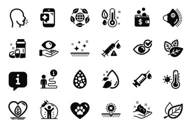 Vector Set of Healthcare icons related to Pets care, Weather thermometer and Eco organic icons. Skin care, Medical syringe and Leaf signs. Medical mask, Thermometer and Cough. Health eye. Vector