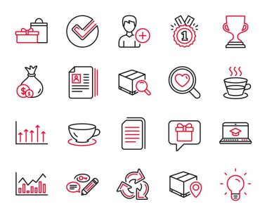 Ampul, web sitesi eğitimi ve Infochart simgeleriyle ilgili vektör satır simgeleri kümesi. Arama paketi, geri dönüşüm ve nakit tabelaları. Kahve fincanı, Ekle kişi ve Espresso. Özgeçmiş belgeleri, ödül kupası. Vektör