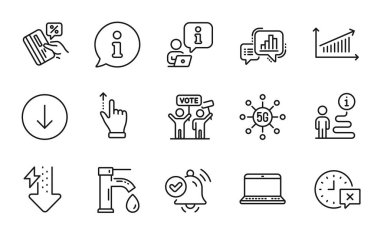 Technology icons set. Included icon as Touchscreen gesture, Tap water, Time signs. Graph chart, Credit card, Notebook symbols. Chart, 5g technology, Notification received. Energy drops. Vector
