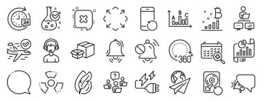 Set of Technology icons, such as Chemical hazard, Electricity plug, Speech bubble icons. Mute sound, Clock bell, Hypoallergenic tested signs. Survey results, Recovery phone, Chemistry lab. Vector