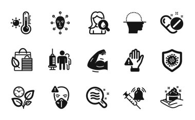 Vector set of Moisturizing cream, Skin condition and Dont touch icons simple set. Medical pills, Bio shopping and Skin care icons. Medical vaccination, Face scanning and Strong arm signs. Vector