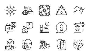 İş simgeleri ayarlandı. Bilgisayar hayranı olarak simge, yüz biyometrisi, mahkeme yargıcı imzası. Havai fişekler, onaylanmış onay kutuları, dikkat çeken yüz sembolleri. Kredi, proje bitiş tarihi, şebeke. Yeni mi? Vektör