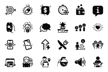 Artırılmış gerçeklik, pazar yeri ve fikir simgeleriyle ilgili iş simgeleri. Teslimatçı, Hedef ve Dondurucu zamanlayıcı. Müşteri memnuniyeti, güvenli su ve seçim adayı. Vektör