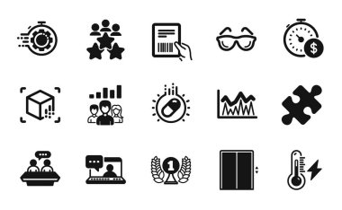 İş toplantısının vektör seti, elektrik gücü ve ödül ödülleri basit bir set. Artırılmış gerçeklik, paket faturası ve kapsül hap ikonları. Yatırım, Arkadaşlar sohbet ve kaldırma işaretleri. Vektör