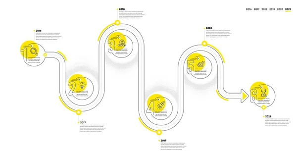 包含6个步骤的业务信息图表时间表 旅程路径工作流信息图形 工作流程图与研究理念 团队合作 成长图和获奖者杯目标线图标 — 图库矢量图片