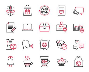 Cogwheel, Paket kontrol listesi ve Not Defteri simgeleriyle ilgili vektör satır simgeleri kümesi. Paket kutusu, sertifika ve istatistik tabelaları. Doppio, Cashback ve Bell. Megafon, Startup ve Human Sing. Vektör