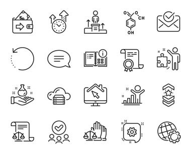 Omuz kayışı vektör kümesi, Kurtarma verileri ve Kazanan satır simgeleri ayarlandı. Yasal belgeler, onaylanmış grup ve Cloud sunucu simgeleri. Kimyasal formül, çark ve zaman yönetim işaretleri. Vektör