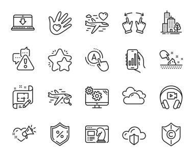 Vektör kümesi Ab testi, Balayı seyahati ve Bulutlu hava çizgisi simgeleri ayarlandı. Ayarlar, sosyal sorumluluk ve Bulut koruma simgeleri. Ab test web sembolü. Vektör