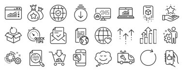 Sadakat Noktaları, Analiz Grafiği, İkonlar gibi bir dizi Teknoloji simgesi. Sadakat programı, web trafiği, işaretleri senkronize et. Hızlı tüyolar, araba servisi, analitik çizelge. Uygulama gibi. Vektör