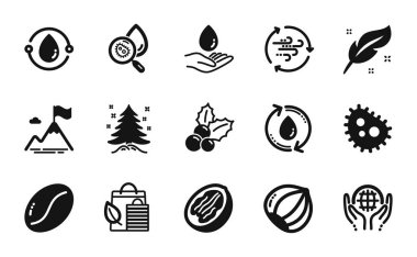 Noel ağacı seti, kahve çekirdekleri ve tüy simgeleri. Suyu doldur, Rüzgar enerjisi ve su analiz ikonları. Organik testler, soğuk baskılı yağ ve bakteri işaretleri. Vektör