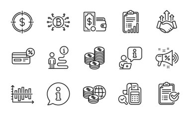 Finans simgeleri ayarlandı. Bill Muhasebe, Anlaşma, Gözlem Listesi işaretleri olarak simge dahil. Dolar hedefi, diyagram şeması, dünya para sembolleri. Satış megafonu, Bitcoin sistemi, Checklist. Nakit para. Vektör