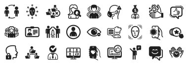 Menajer, video konferansı, ajan simgeleri gibi simgeler. Yüz tanıma, kilidi açma sistemi, randevu uygulaması işaretleri. Kadın grubu, Face biyometrisi, güvenli zaman. Boşluk, ellerini yıka, iş akışı. Vektör