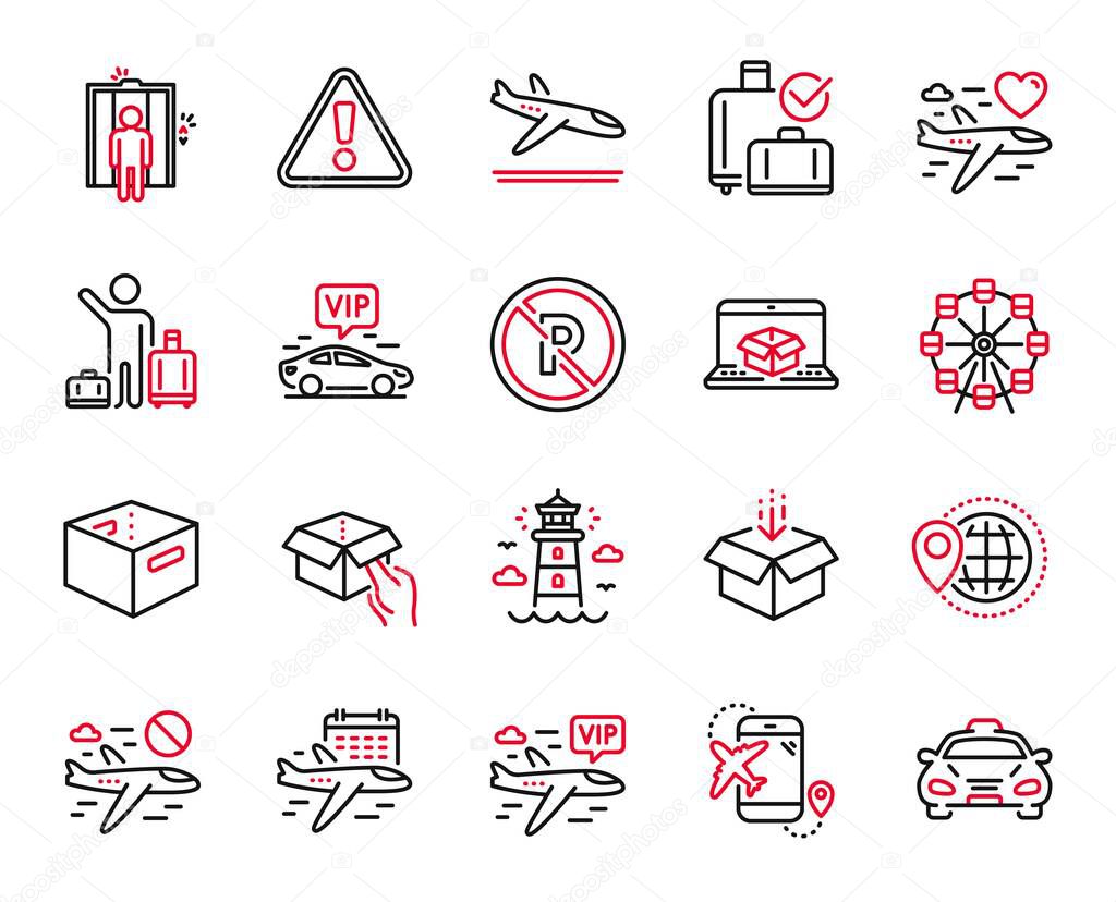 Vector Set of Transportation icons related to Warning, Arrivals plane and Lighthouse icons. Honeymoon travel, Ferris wheel and Office box signs. Flight destination, Online delivery and Taxi. Vector