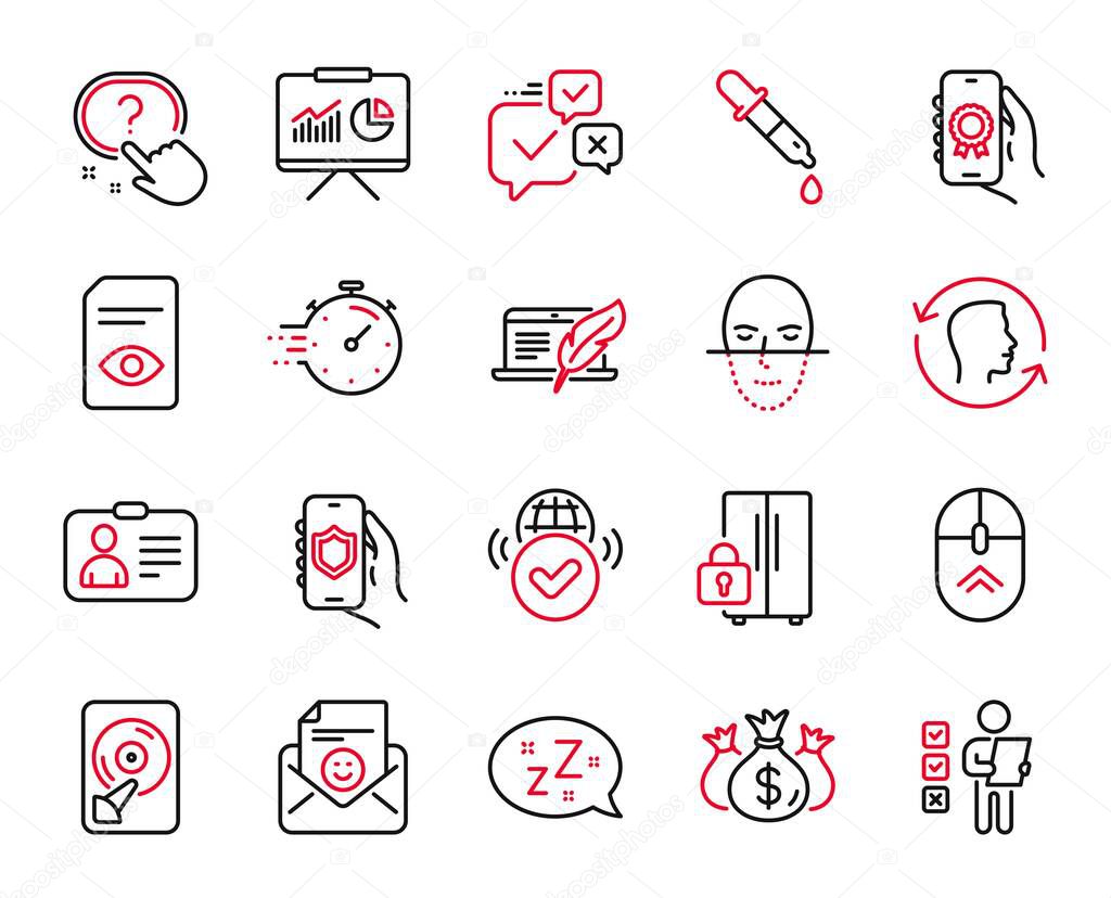 Vector Set of Technology icons related to Security app, Refrigerator and Id card icons. Copyright laptop, Face recognition and Voting ballot signs. Security app web symbol. Vector