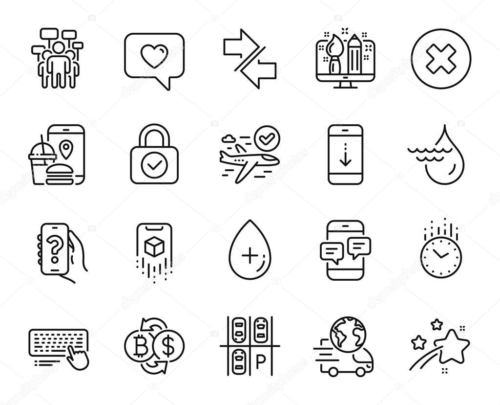 Vector set of Love message, Delivery service and Augmented reality line icons set. Synchronize, Help app and Bitcoin exchange icons. Scroll down, Time and Confirmed flight signs. Vector